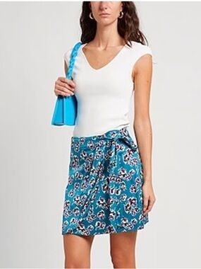 The Kooples Teal Floral Wrap Skirt with Burgundy & White Accents